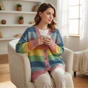 Olivia Rubin Rainbow Stripe Cardigan Sweater Women’s Size Small  | Pastel Knit
